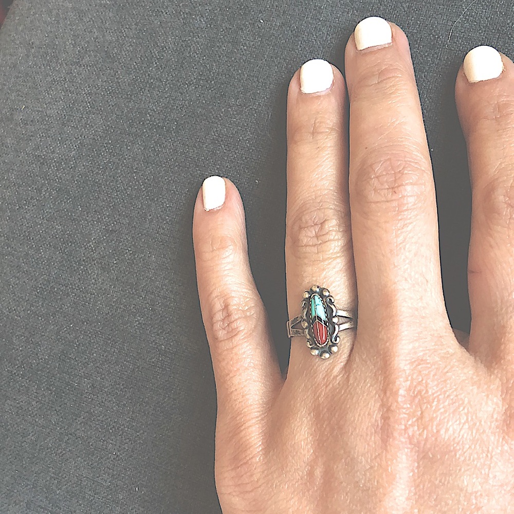 Turquoise and Coral Sterling Silver Ring